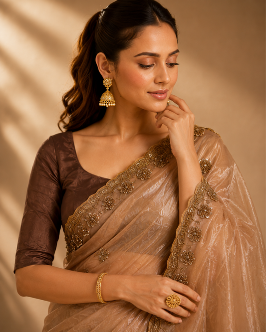 Beige Organza Saree with Floral Embellished Border