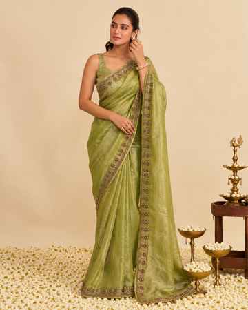 Lime Green Organza Saree with Floral Embellished Border