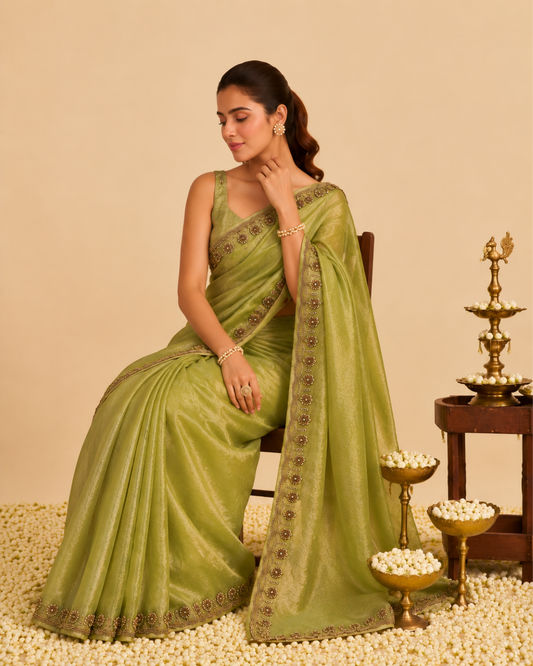Lime Green Organza Saree with Floral Embellished Border