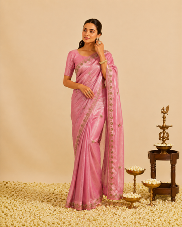 Dusty Rose Pink Organza Saree with Floral Embellished Border