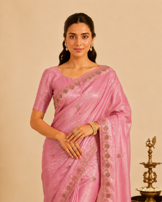 Dusty Rose Pink Organza Saree with Floral Embellished Border