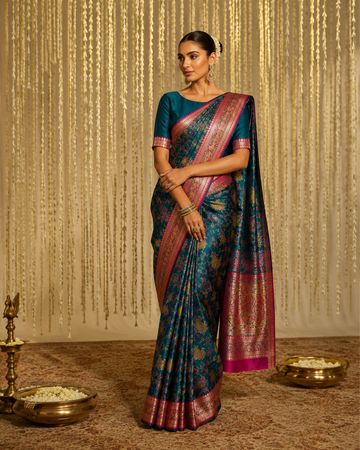 Teal Pure Silk Saree with Traditional Multicolor Motifs