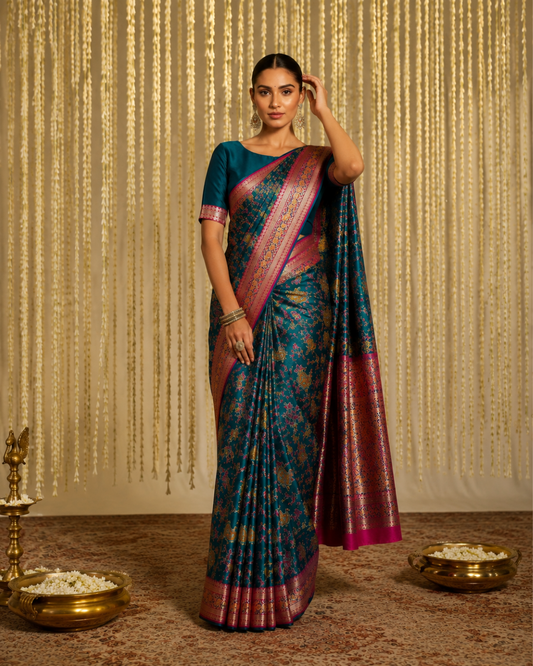 Teal Pure Silk Saree with Traditional Multicolor Motifs