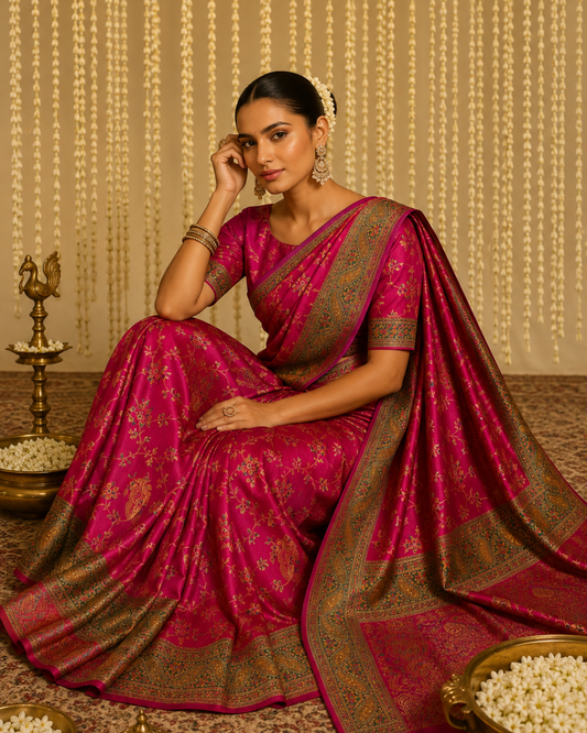 Regal Magenta Pure Silk Saree with Paisley Floral Border