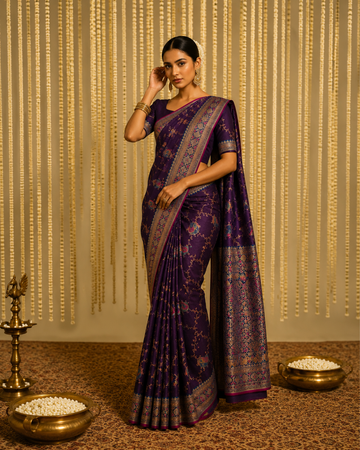 Regal Deep Purple Pure Silk Saree with Paisley Floral Border