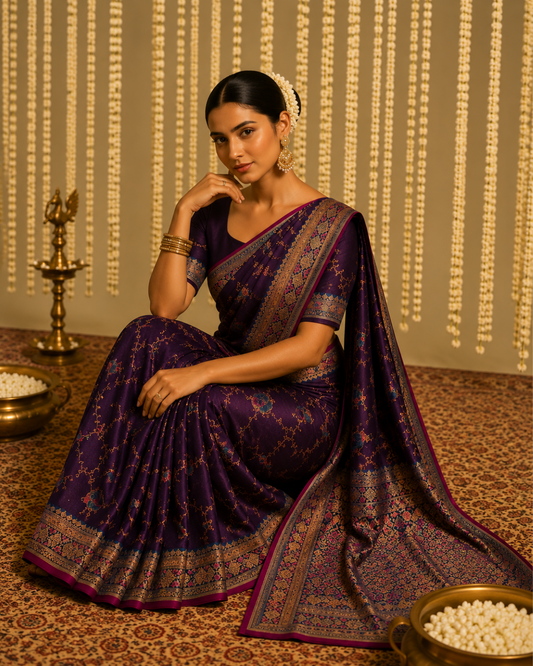 Regal Deep Purple Pure Silk Saree with Paisley Floral Border