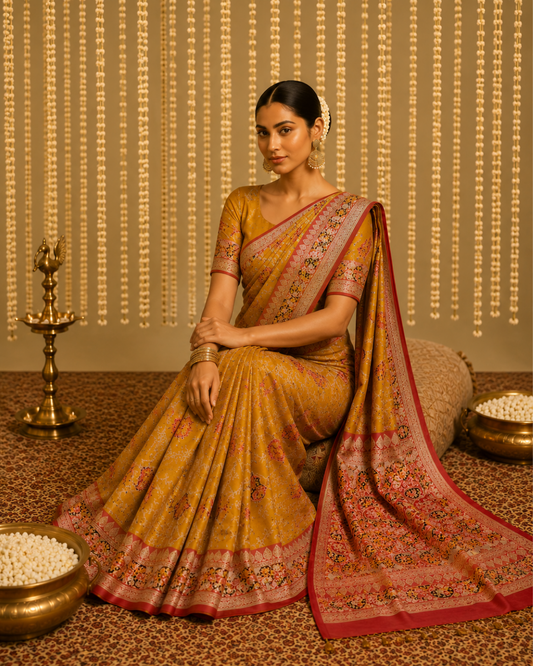 Regal Mustard Pure Silk Saree with Paisley Floral Border