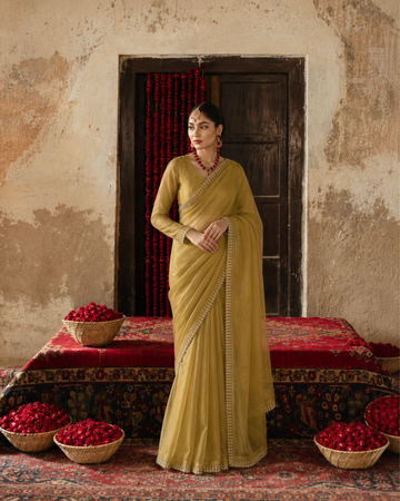 Champagne Beige Star Georgette Sequin Saree