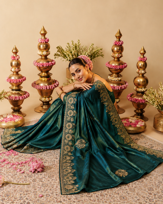 Teal Blue Tissue Silk Floral Embroidered Saree