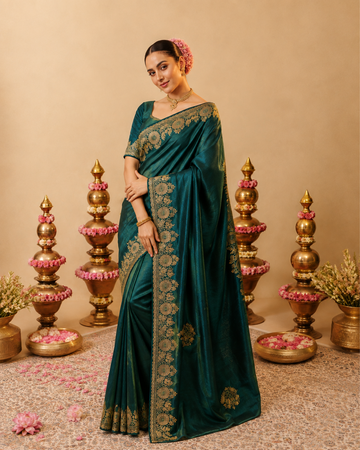 Teal Blue Tissue Silk Floral Embroidered Saree