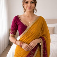 Rangmahal Kanak Mustard Yellow & Wine Embroidered Faux Georgette Saree