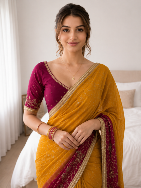 Rangmahal Kanak Mustard Yellow & Wine Embroidered Faux Georgette Saree