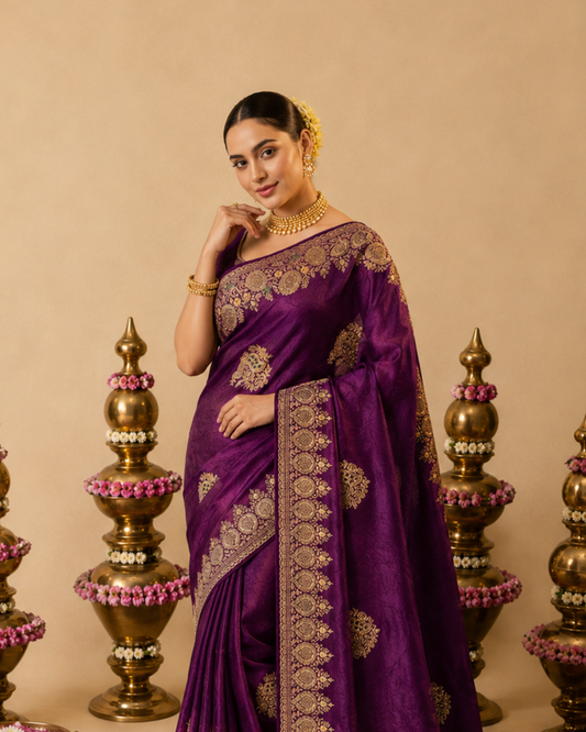 Royal Purple Floral Embroidered Tissue Silk Saree