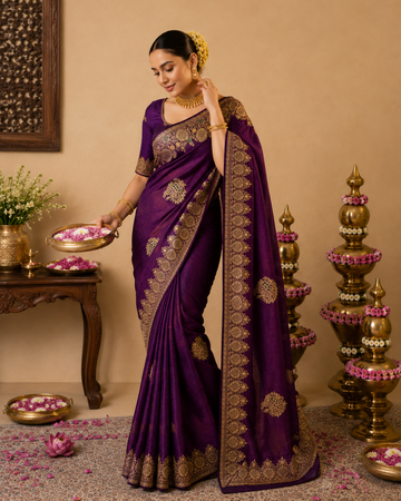 Royal Purple Floral Embroidered Tissue Silk Saree