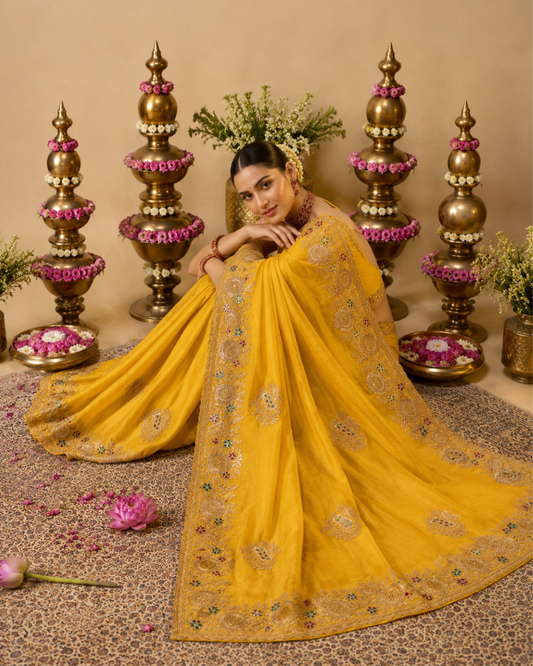 Royal Mustard Floral Embroidered Tissue Silk Saree