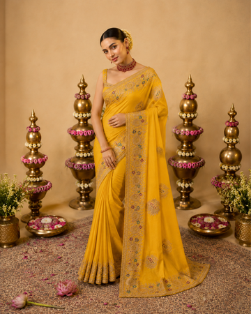 Royal Mustard Floral Embroidered Tissue Silk Saree