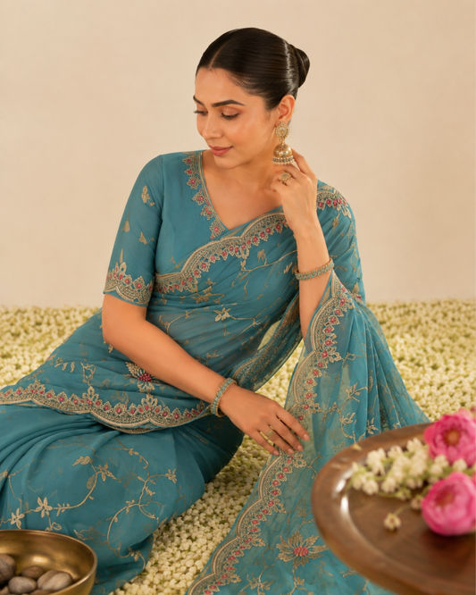 Elegant Turquoise Floral Embroidered Zalwar Chiffon Saree