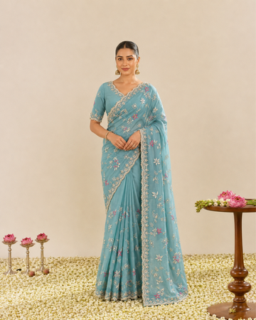 Elegant Teal Floral Embroidered Zalwar Chiffon Saree