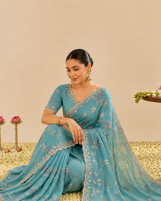 Elegant Teal Floral Embroidered Zalwar Chiffon Saree