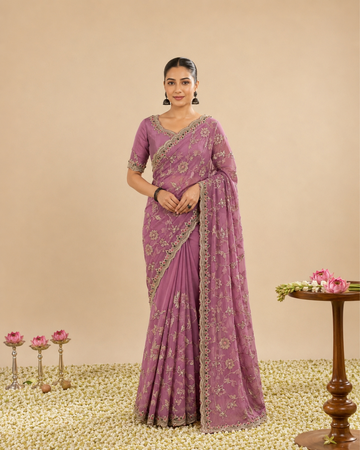 Elegant Pink Floral Embroidered Zalwar Chiffon Saree