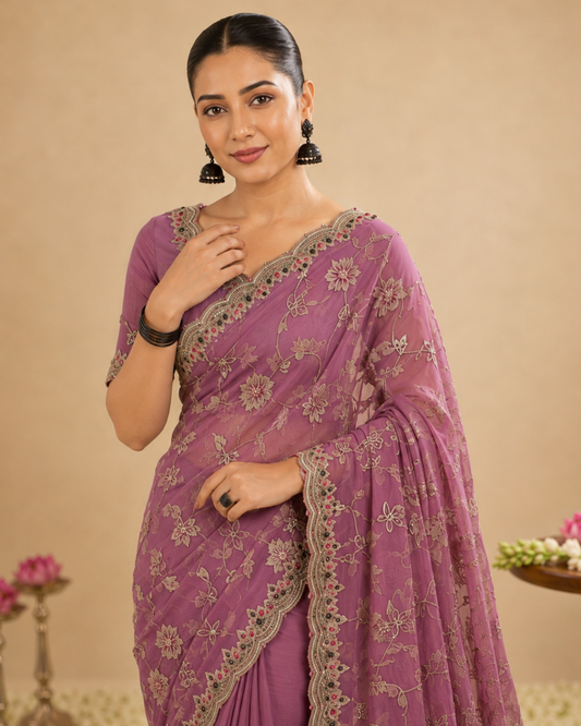 Elegant Pink Floral Embroidered Zalwar Chiffon Saree