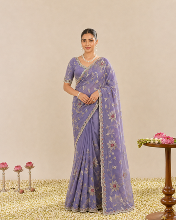 Elegant Lavender Floral Embroidered Zalwar Chiffon Saree