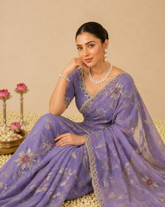Elegant Lavender Floral Embroidered Zalwar Chiffon Saree