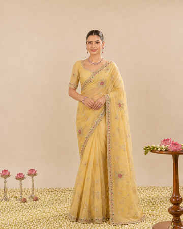 Elegant Yellow Floral Embroidered Zalwar Chiffon Saree