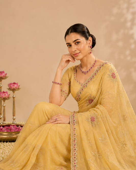 Elegant Yellow Floral Embroidered Zalwar Chiffon Saree