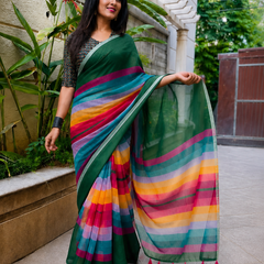 Bottle Green Cotton Saree with Multicolor Stripe Border