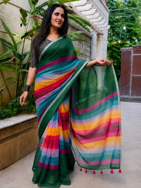 Bottle Green Cotton Saree with Multicolor Stripe Border