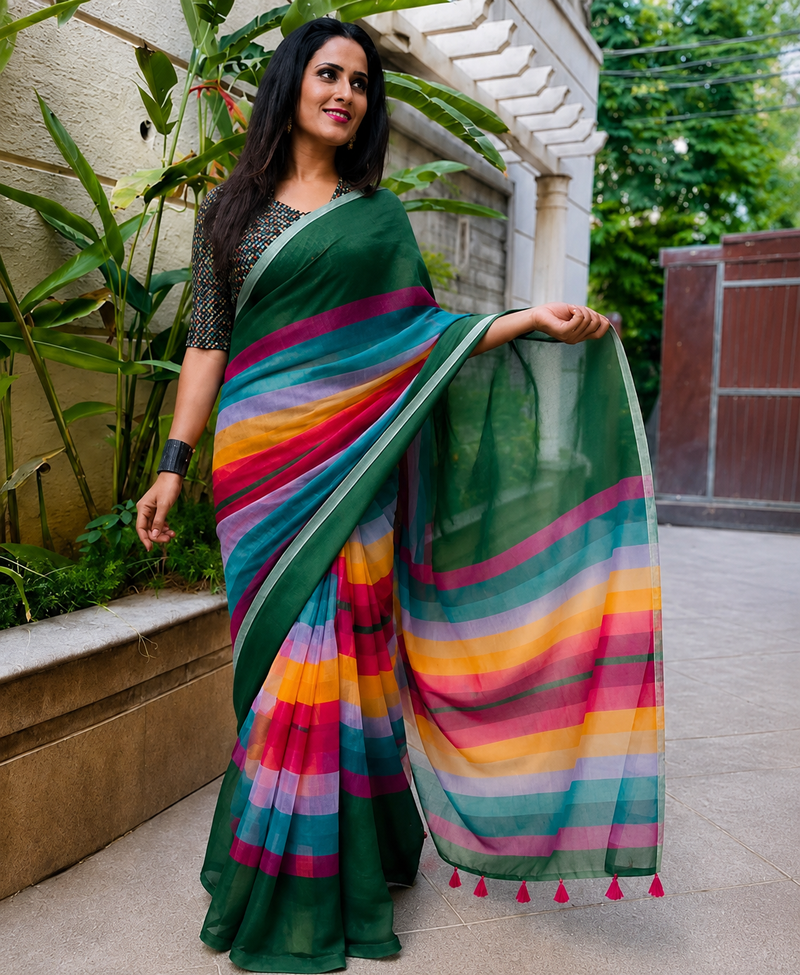 Bottle Green Cotton Saree with Multicolor Stripe Border