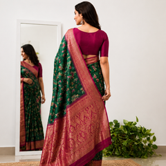 Emerald Green Lotus Print Moss Crepe Saree with Banarasi Border