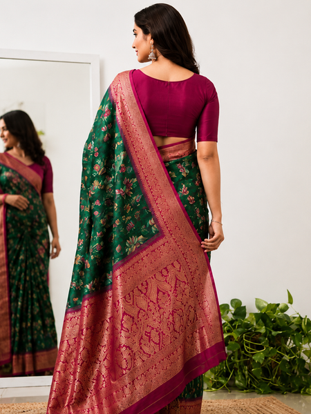Emerald Green Lotus Print Moss Crepe Saree with Banarasi Border