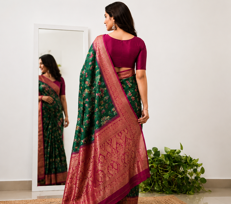 Emerald Green Lotus Print Moss Crepe Saree with Banarasi Border