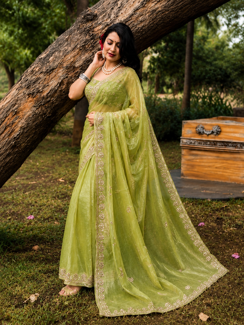 Premium Olive Green Soft Organza Sequence Work Saree