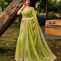 Premium Olive Green Soft Organza Sequence Work Saree