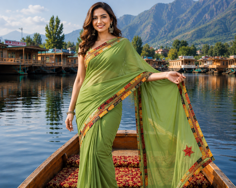 Olive Green Fox Georgette Saree with Designer Border