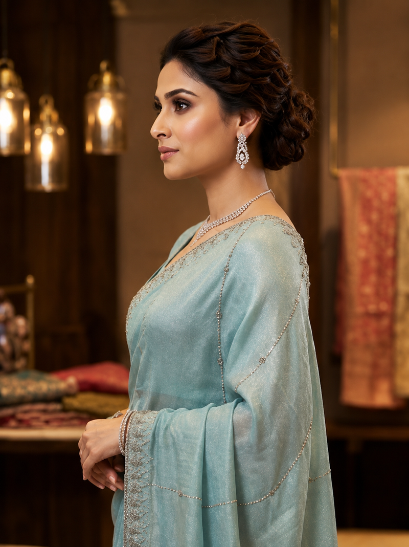 Powder Blue Soft Tissue Organza Designer Saree