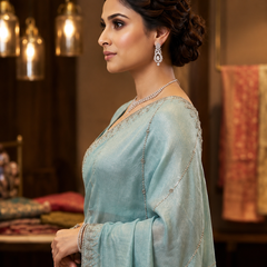 Powder Blue Soft Tissue Organza Designer Saree
