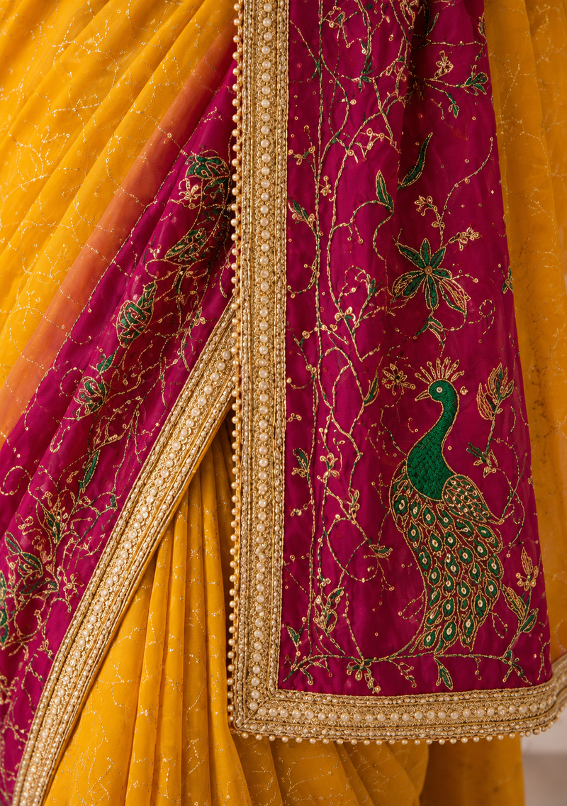 Rangmahal Kanak Mustard Yellow & Wine Embroidered Faux Georgette Saree