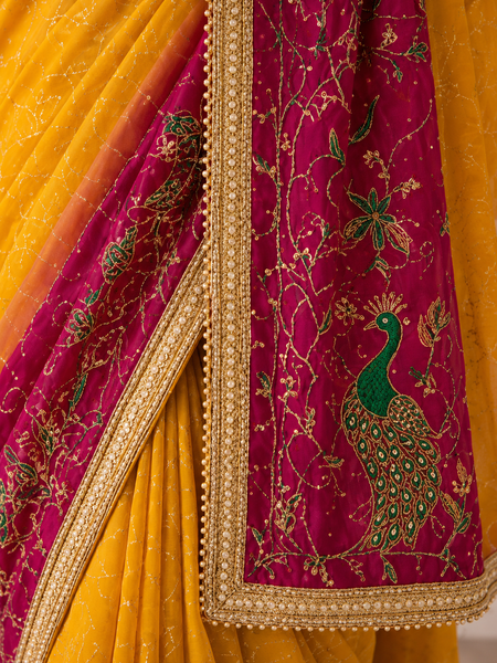 Rangmahal Kanak Mustard Yellow & Wine Embroidered Faux Georgette Saree