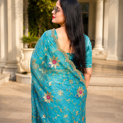 Aqua Blue Floral Embroidered Zalwar Chiffon Saree