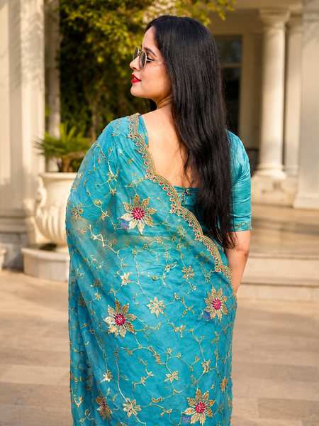 Aqua Blue Floral Embroidered Zalwar Chiffon Saree