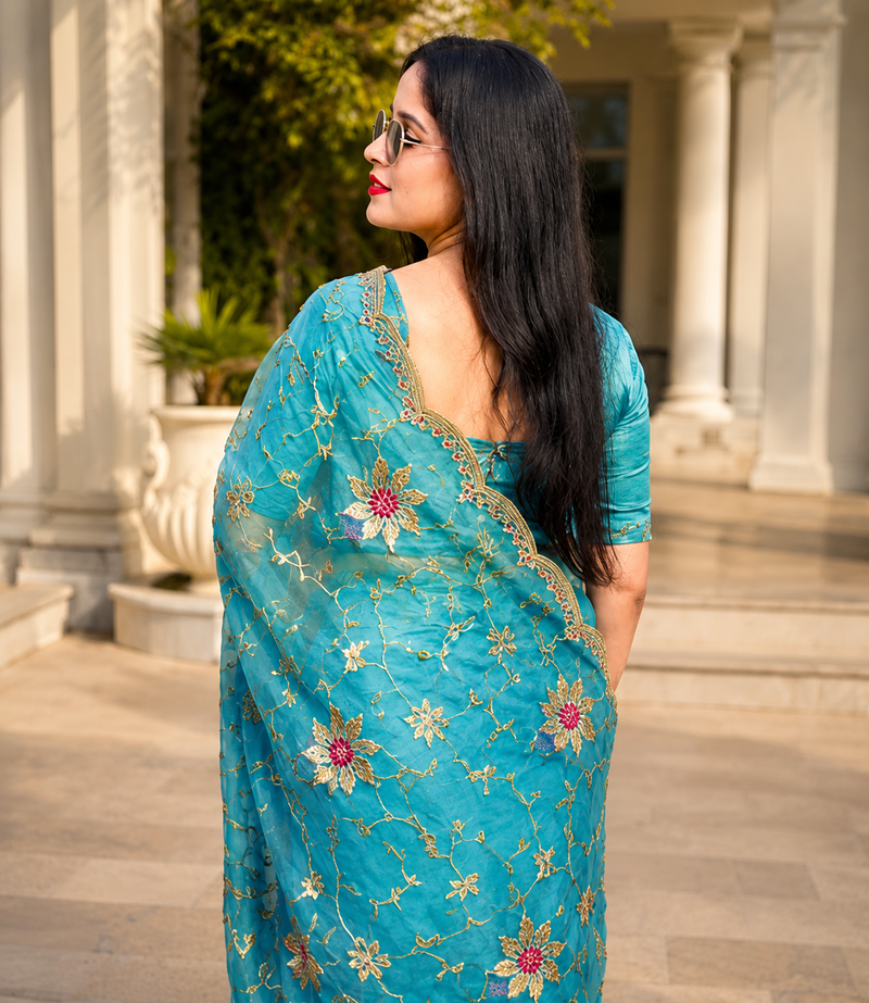 Aqua Blue Floral Embroidered Zalwar Chiffon Saree