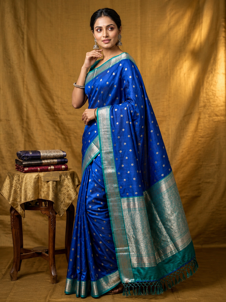 Royal Blue Silver Zari Soft Organza Saree