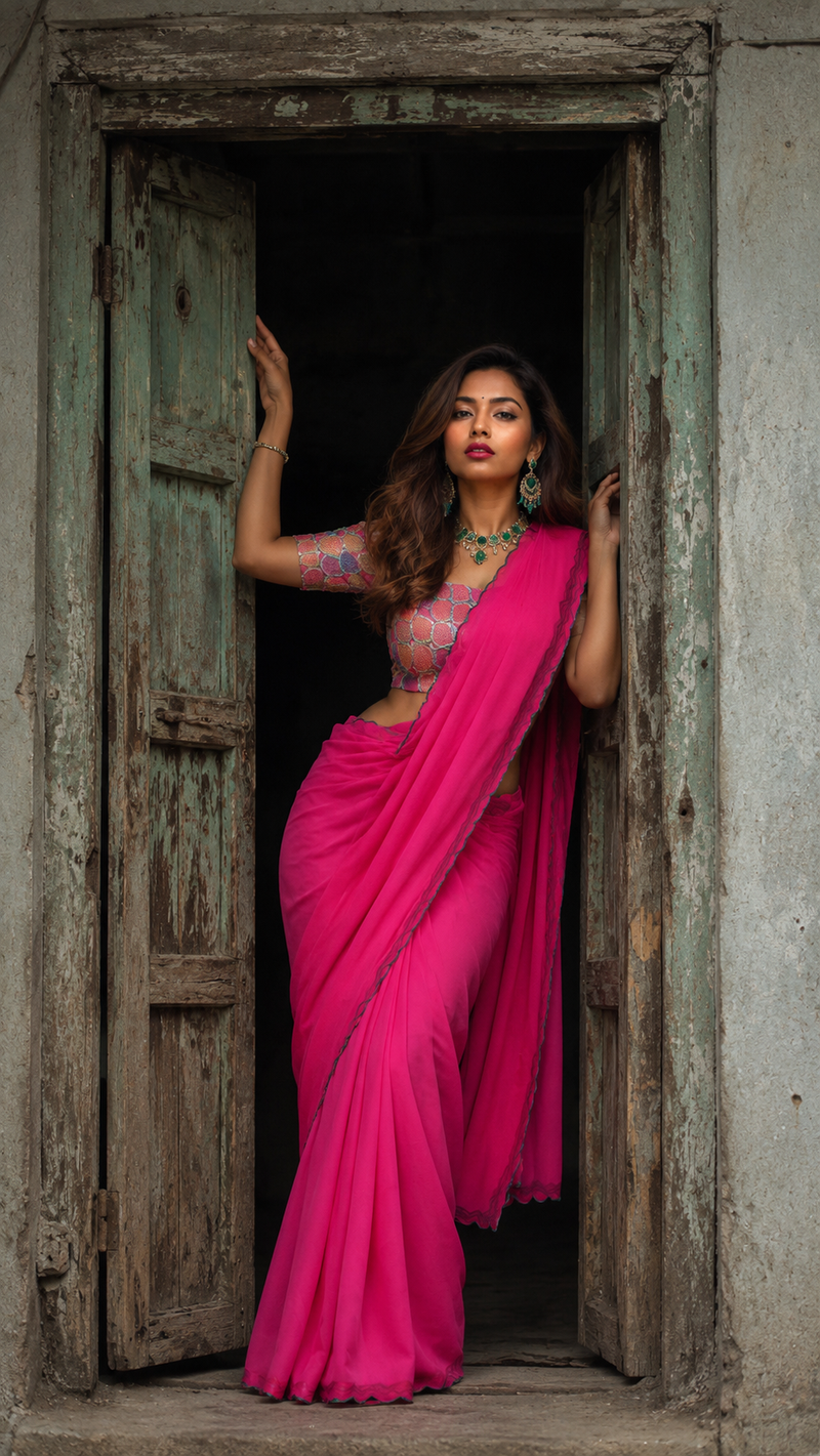 Parrot Green Plain Chiffon Saree with Designer Blouse