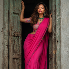 Parrot Green Plain Chiffon Saree with Designer Blouse