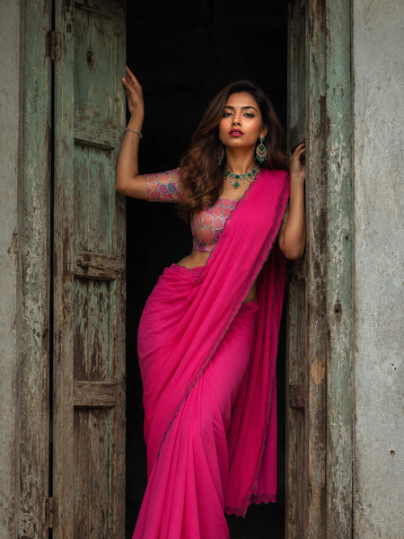 Parrot Green Plain Chiffon Saree with Designer Blouse