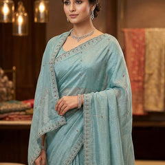 Powder Blue Soft Tissue Organza Designer Saree
